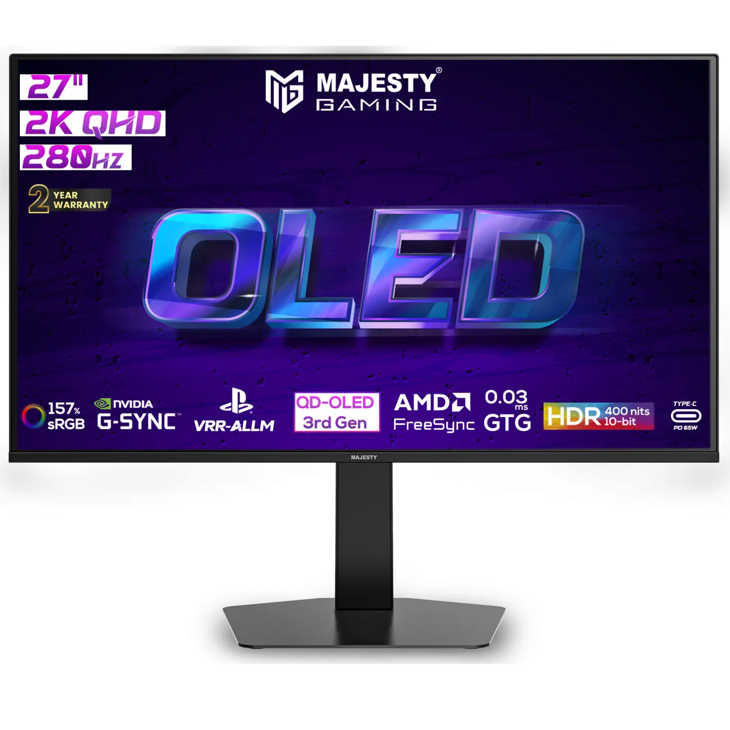 شاشة ألعاب ماجستي OLED مقاس 27 بوصة بدقة QHD (2560x1440) بتقنية QD-OLED، معدل تحديث 280Hz، زمن استجابة 0.03ms، تدعم HDR400 و G-SYNC و FreeSync