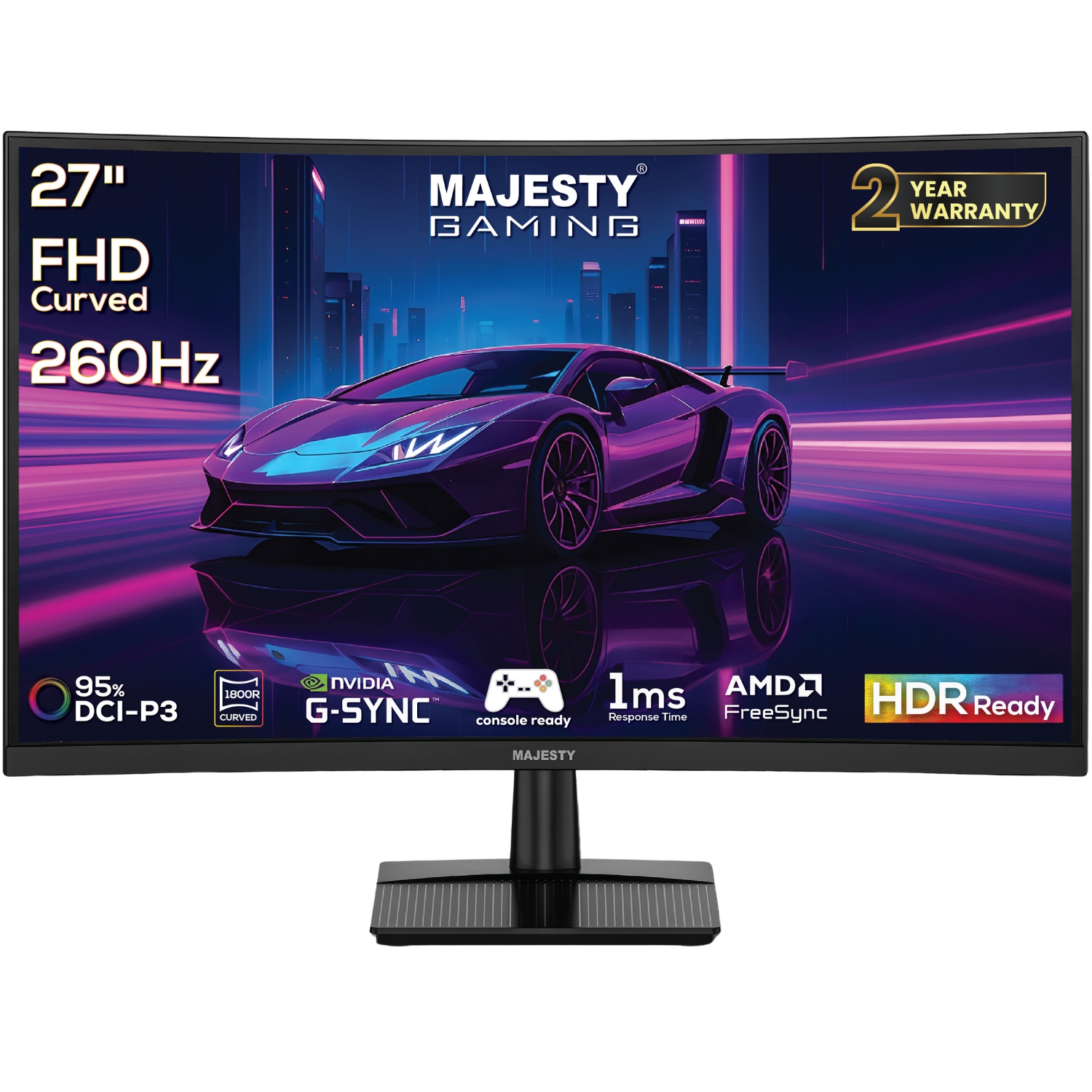 شاشة ألعاب منحنية ماجستي مقاس 27 بوصة (Curved 1800R) بدقة FHD 1080P، لوحة VA، معدل تحديث 260Hz، زمن استجابة 1ms، دعم HDR، متوافقة مع G-SYNC وFreeSync .