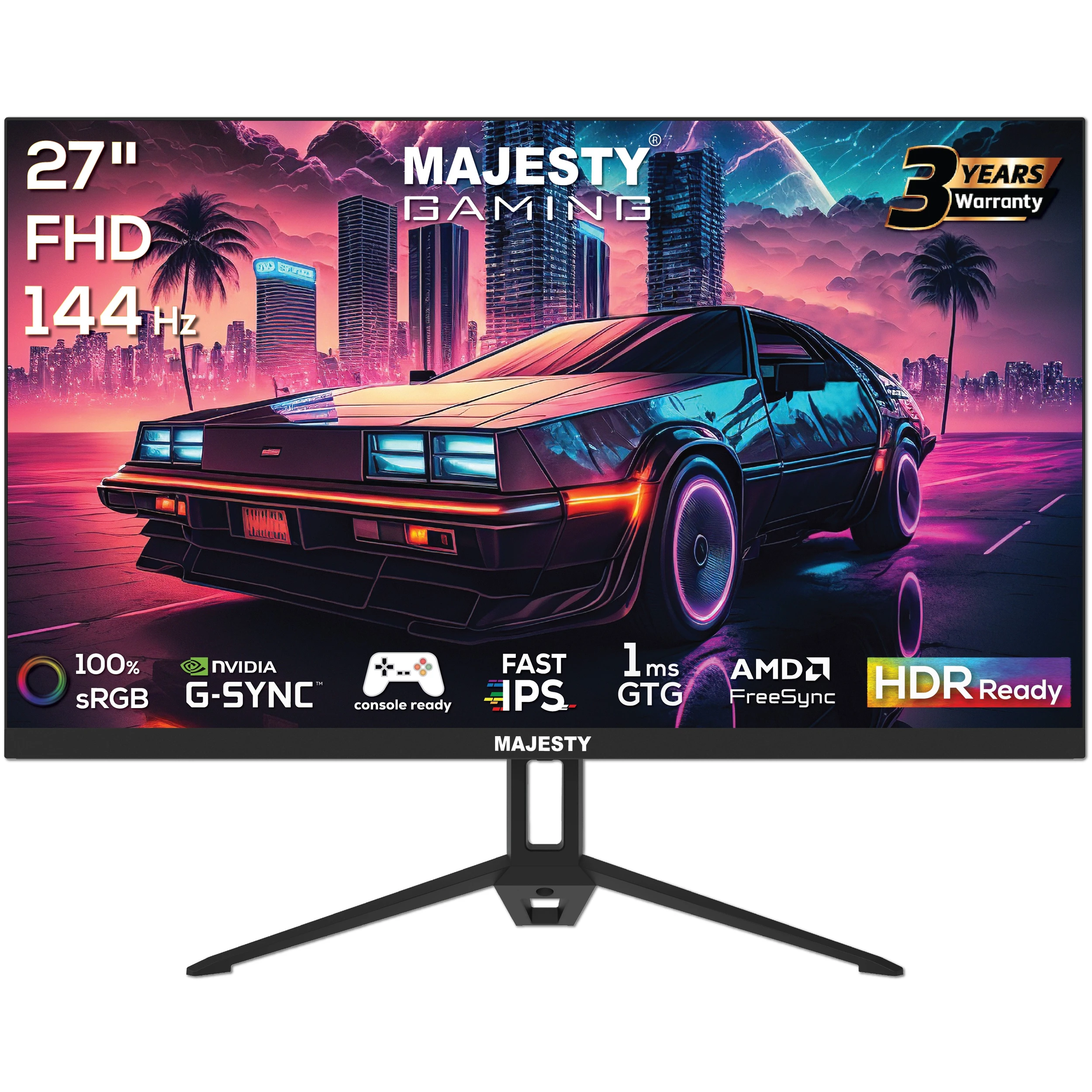 شاشة ألعاب ماجيستي مقاس 27 بوصة بدقة FHD (1920×1080) مع لوحة IPS، معدل تحديث 144Hz، زمن استجابة 1ms، دعم HDR، ومتوافقة مع G-SYNC وFreeSync لتجربة لعب سلسة ودقيقة