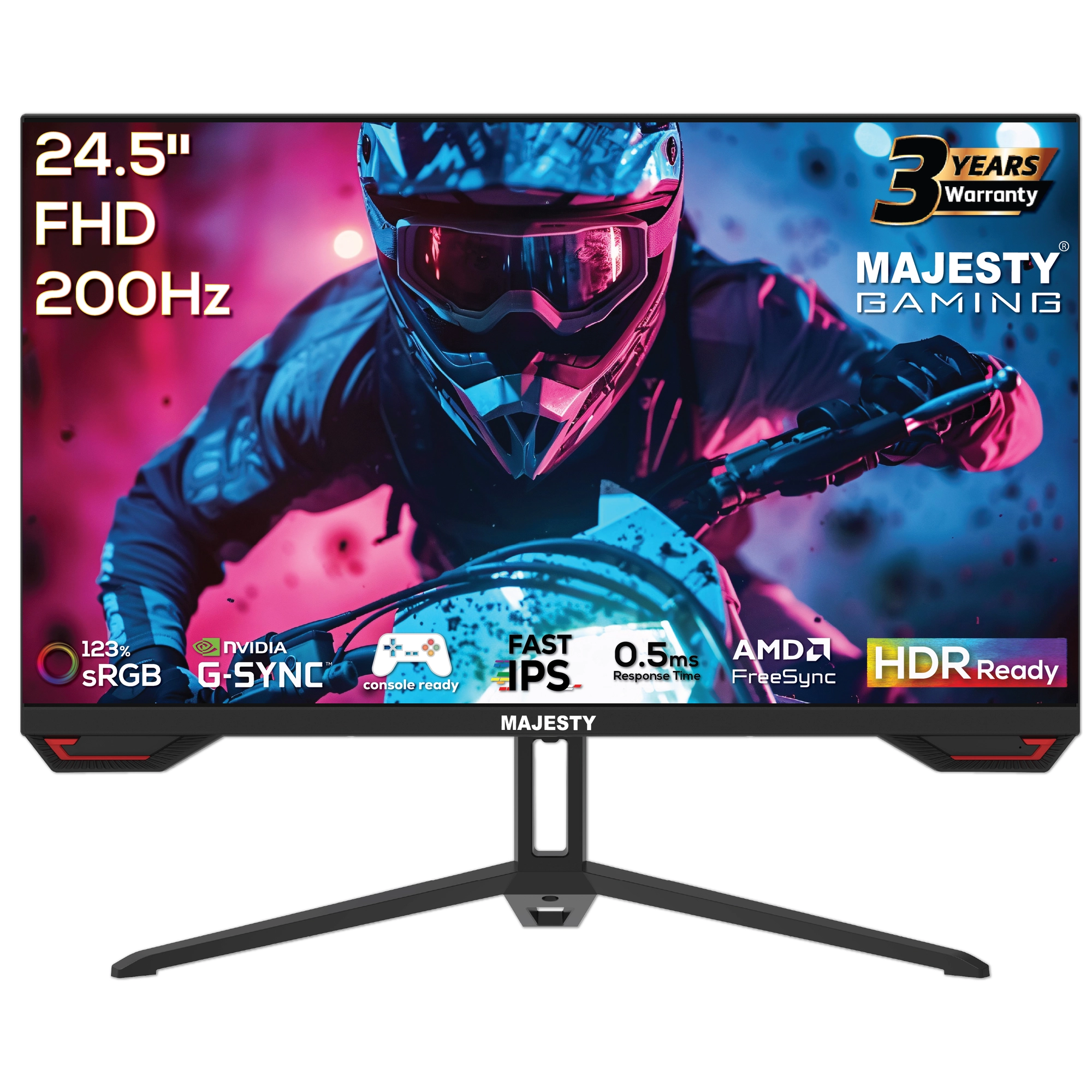 شاشة ألعاب ماجيستي مقاس 24.5 بوصة بدقة FHD (1080P) مع لوحة IPS، معدل تحديث 200Hz، زمن استجابة 0.5ms، دعم HDR، ومتوافقة مع G-SYNC وFreeSync لتجربة لعب سلسة وسريعة.